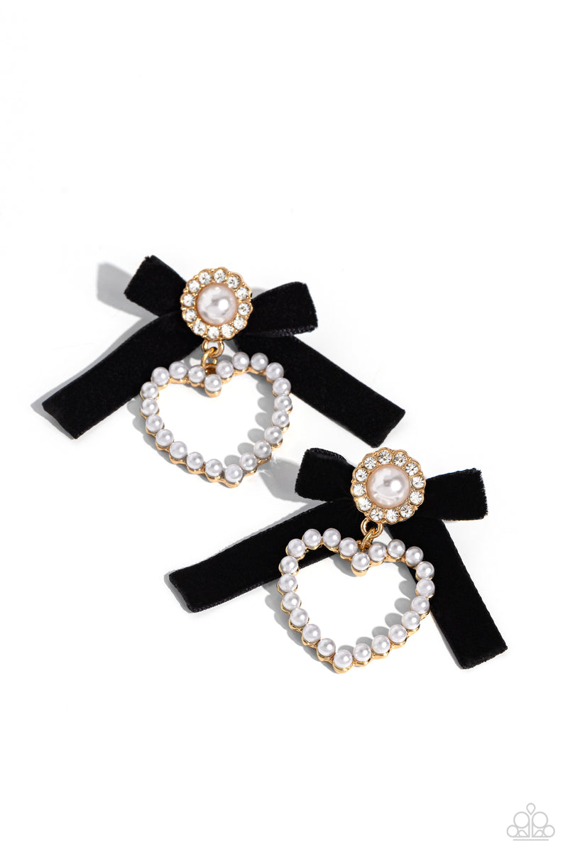 Bow and Then Gold and Black Bow Earrings with White Pearls