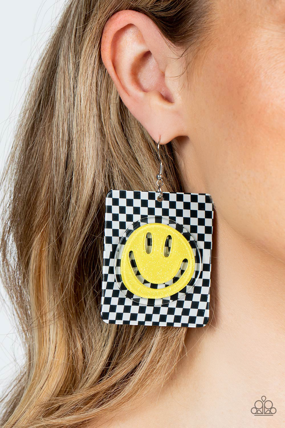 Cheeky Checkerboard - Yellow Earrings - Paparazzi Accessories